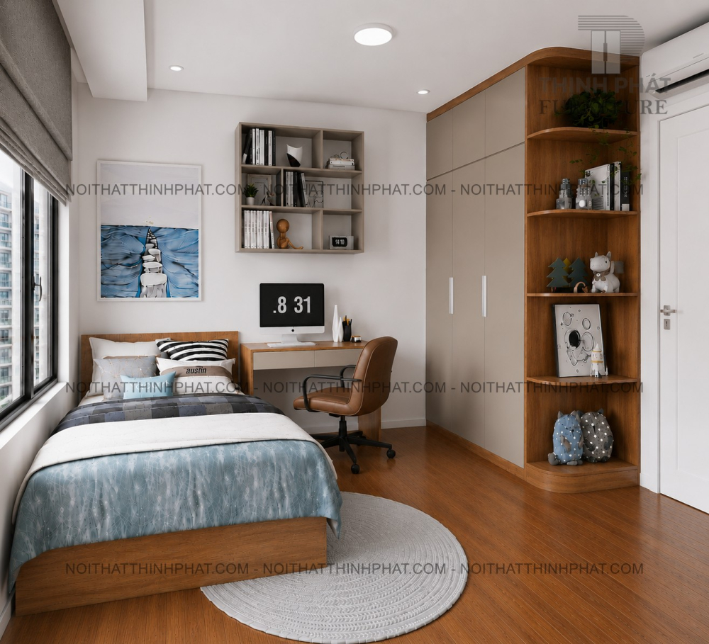 Combo Phòng Ngủ MDF Hiện Đại - Tủ Áo Cửa Lùa 2 Tầng Kết Hợp Kệ Trang Trí Bo Góc - PN06